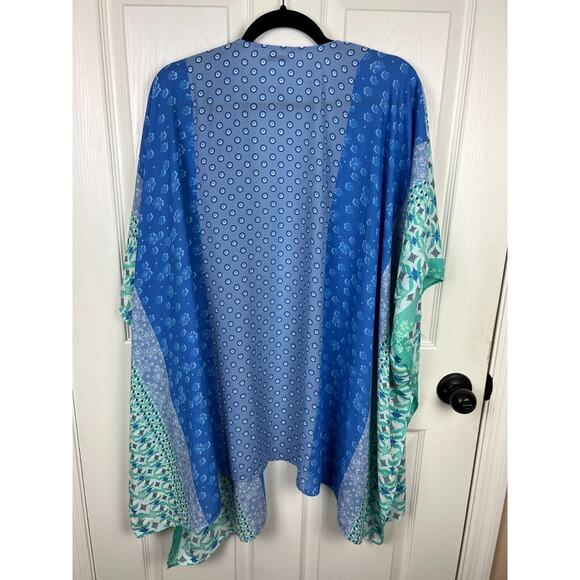 Susan Graver Patchwork Kimono Topper Blouse Large Blue Green Pockets - Picture 7 of 7